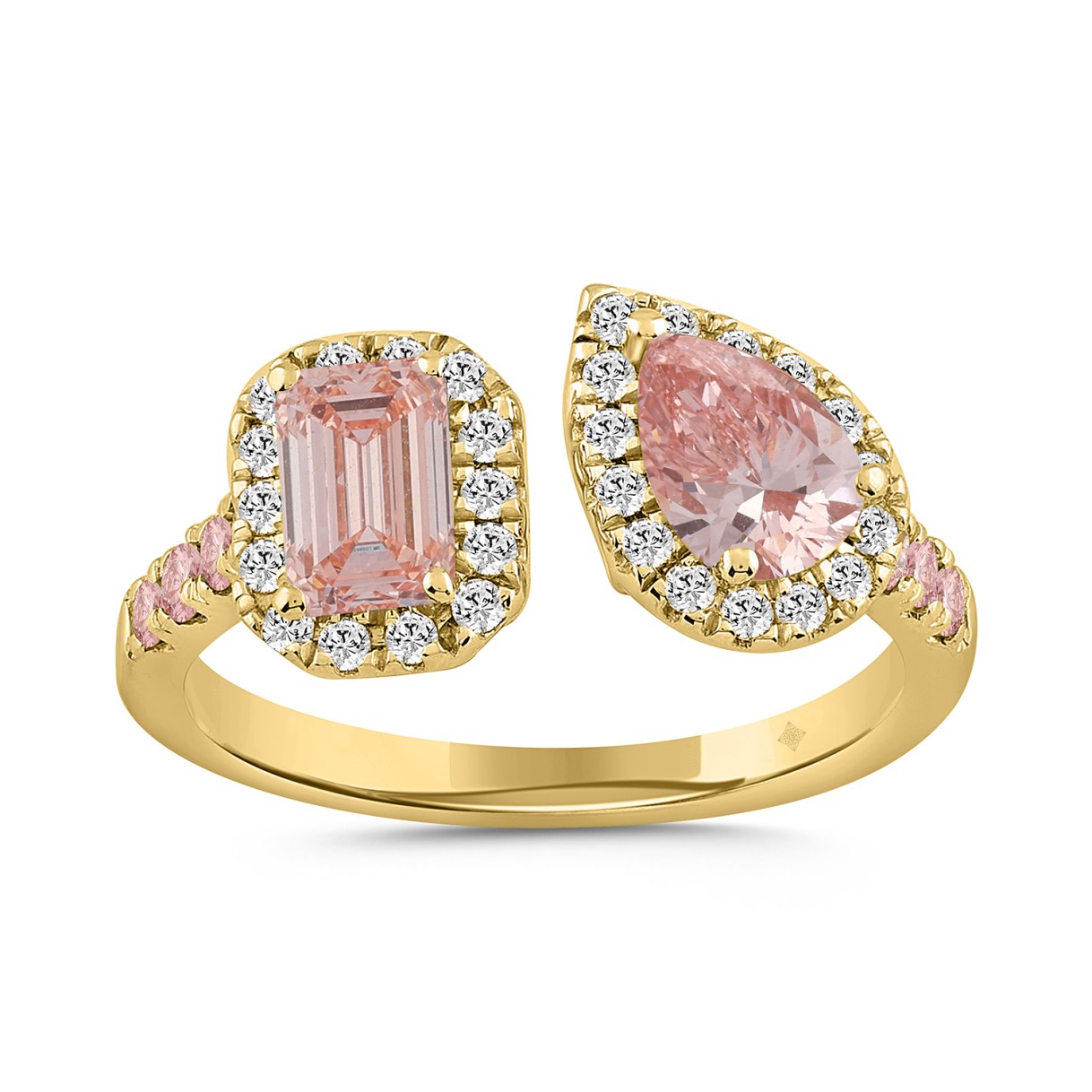 ETERNAL BLUSH COLLECTION LADIES RING 1 1/2CT ROUND/EMERALD/PEAR DIAMOND 14K YELLOW GOLD (CENTER STONE PINK EMERALD DIAMOND 1/2CT/ CENTER STONE PINK PEAR 1/2CT)