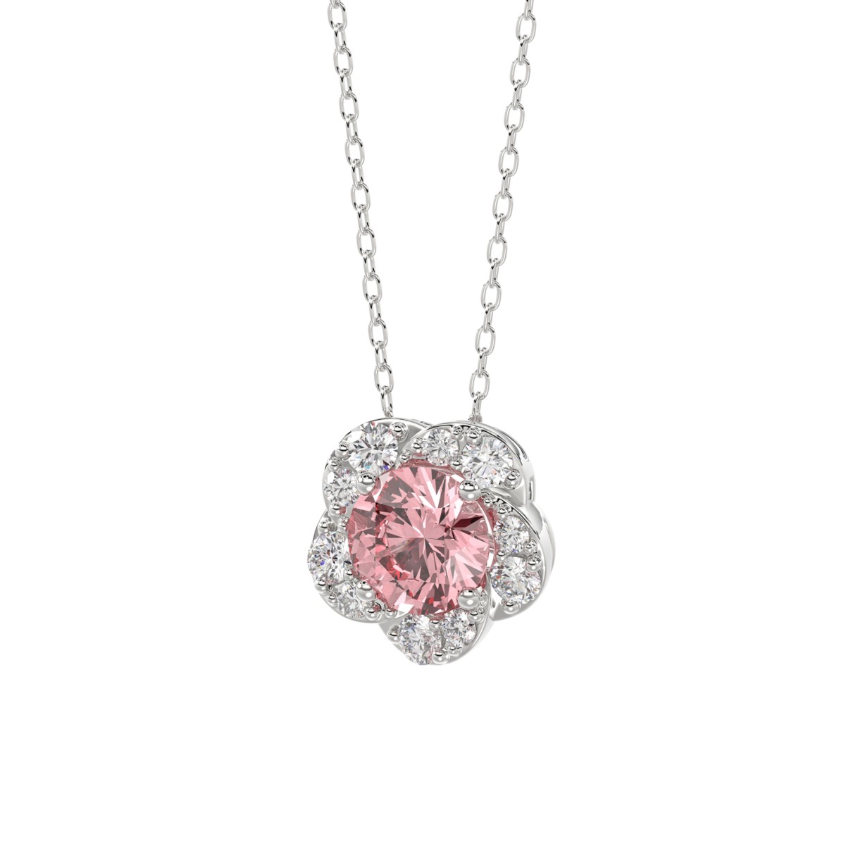 ETERNAL BLUSH COLLECTION LADIES PENDANT 1CT ROUND DIAMOND 14K WHITE GOLD WITH CHAIN (CENTER STONE PINK ROUND DIAMOND 3/4CT)
