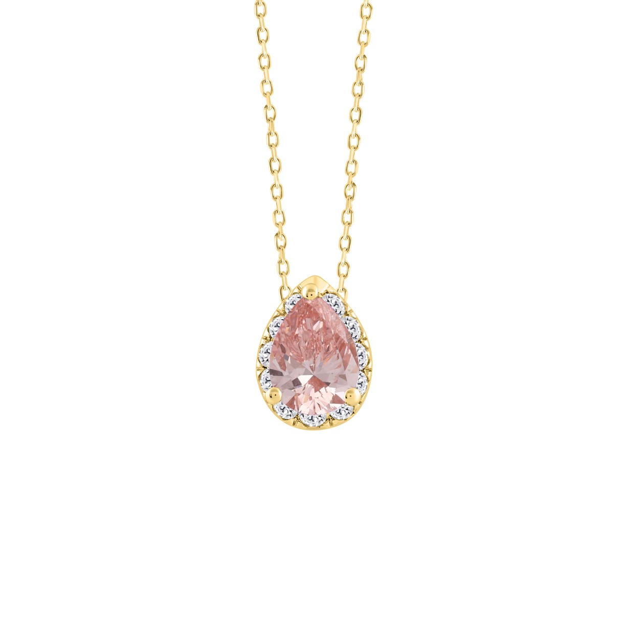 ETERNAL BLUSH COLLECTION LADIES PENDANT 1 1/4CT ROUND/PEAR DIAMOND 14K YELLOW GOLD WITH CHAIN (CENTER STONE PINK PEAR DIAMOND 1CT)