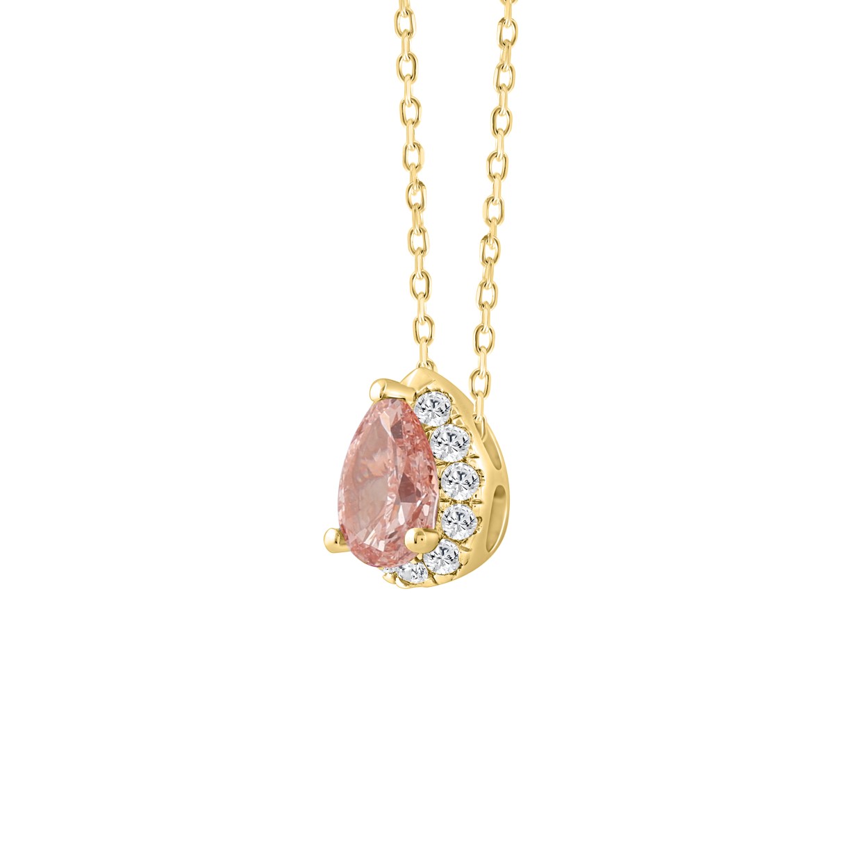 ETERNAL BLUSH COLLECTION LADIES PENDANT 1 1/4CT ROUND/PEAR DIAMOND 14K YELLOW GOLD WITH CHAIN (CENTER STONE PINK PEAR DIAMOND 1CT)