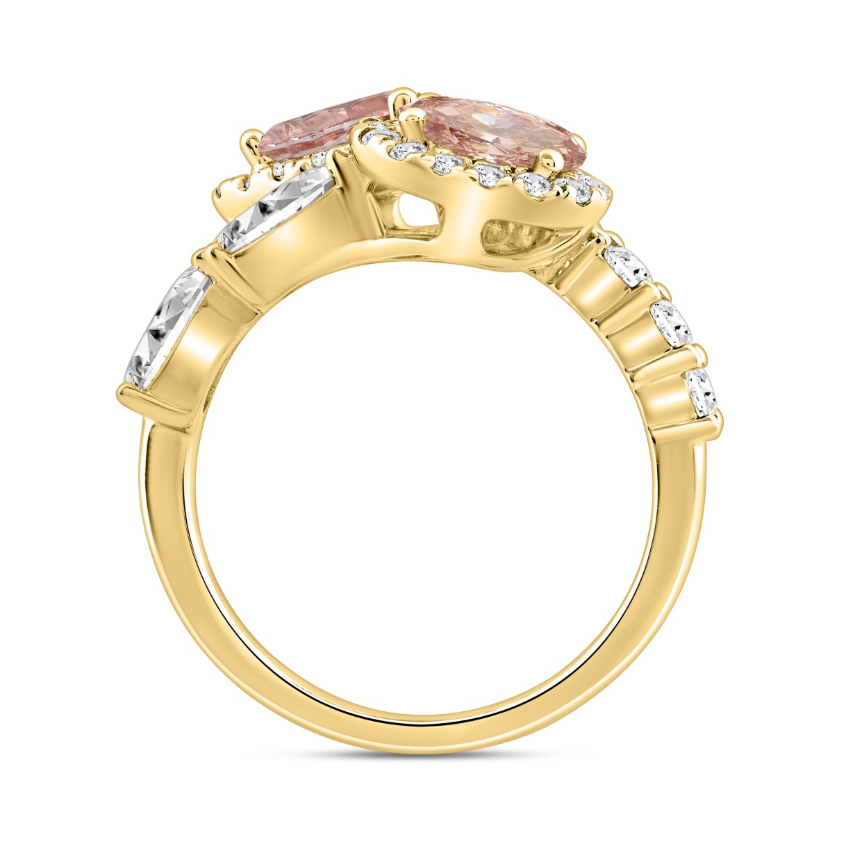 ETERNAL BLUSH COLLECTION LADIES RING 2 1/4CT ROUND & PEAR DIAMOND / PINK OVAL DIAMOND 14K YELLOW GOLD