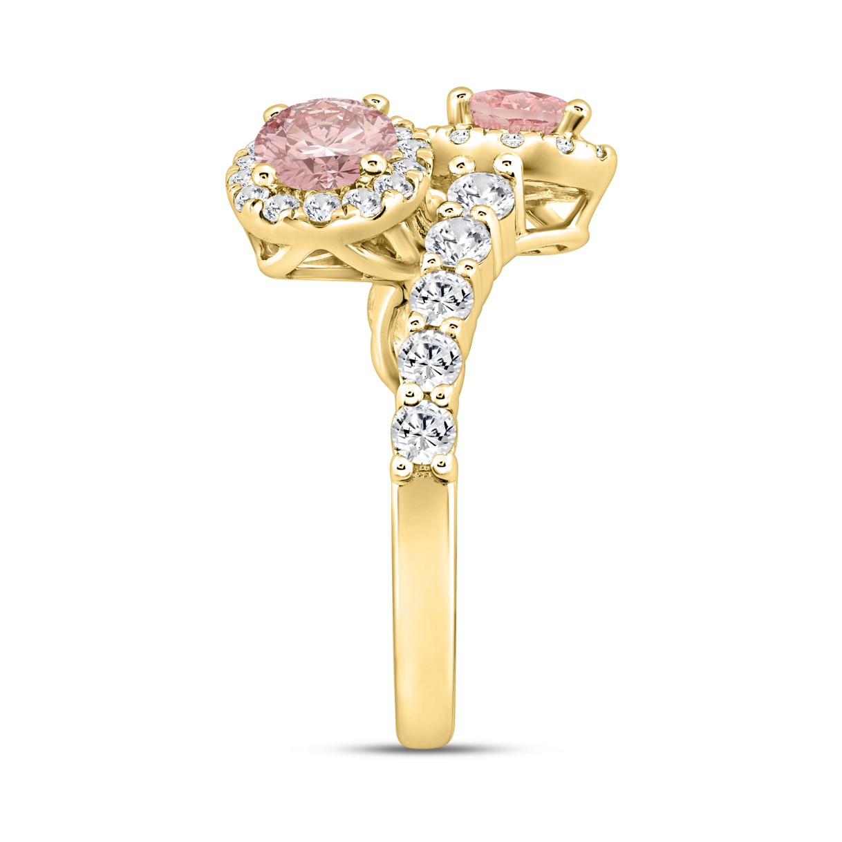 ETERNAL BLUSH COLLECTION LADIES RING 2 1/4CT ROUND & PEAR DIAMOND / PINK OVAL DIAMOND 14K YELLOW GOLD
