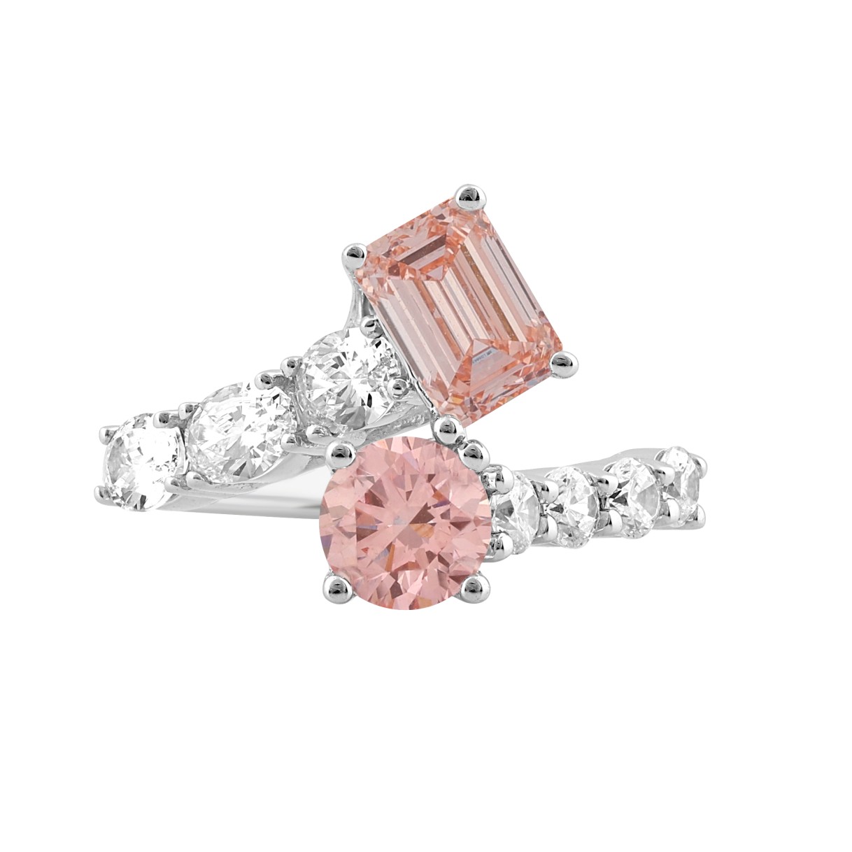 ETERNAL BLUSH COLLECTION LADIES RING 2 3/4CT ROUND/OVAL/EMERALD DIAMOND 14K WHITE GOLD (CENTER STONE PINK ROUND/EMERALD DIAMOND 3/4CT 1CT)