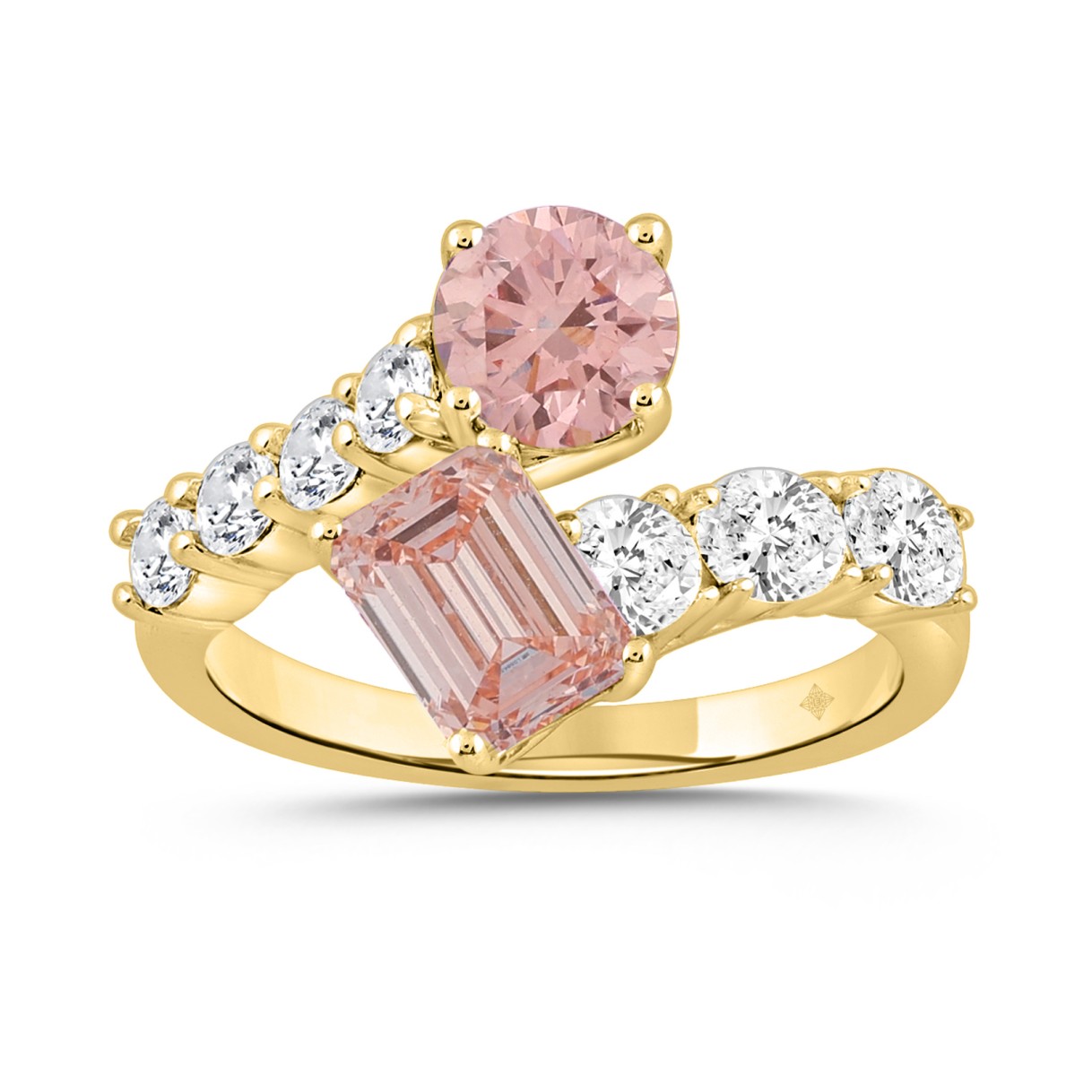 ETERNAL BLUSH COLLECTION LADIES RING 2 3/4CT ROUND/OVAL/EMERALD DIAMOND 14K YELLOW GOLD (CENTER STONE PINK ROUND DIAMOND 3/4CT /EMERALD PINK DIAMOND 1CT)