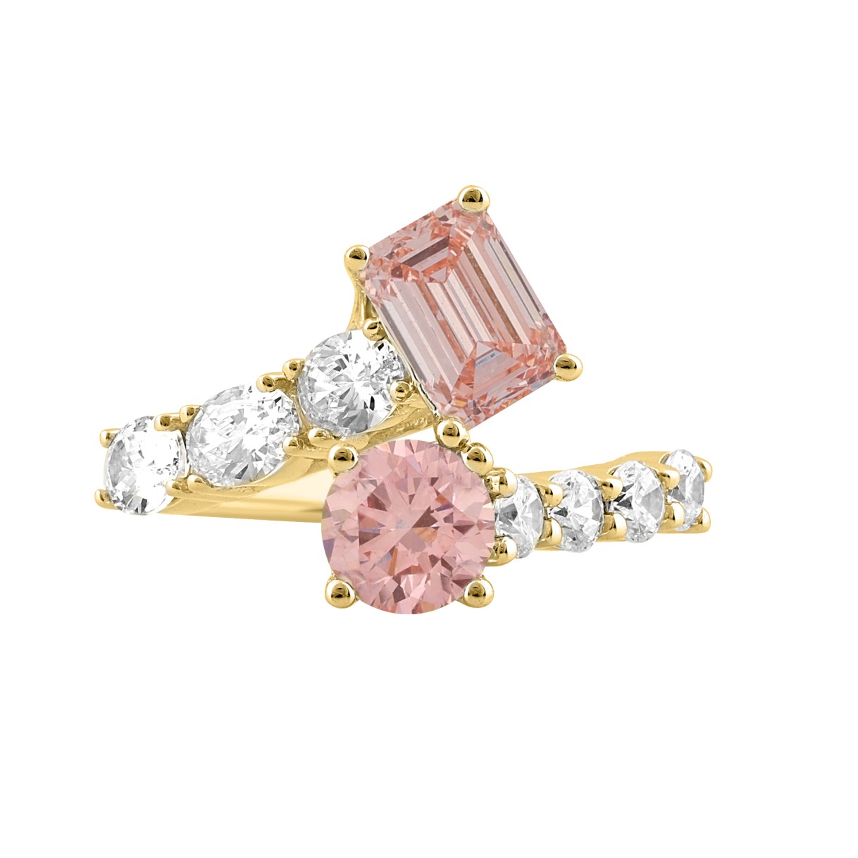 ETERNAL BLUSH COLLECTION LADIES RING 2 3/4CT ROUND/OVAL/EMERALD DIAMOND 14K YELLOW GOLD (CENTER STONE PINK ROUND DIAMOND 3/4CT /EMERALD PINK DIAMOND 1CT)