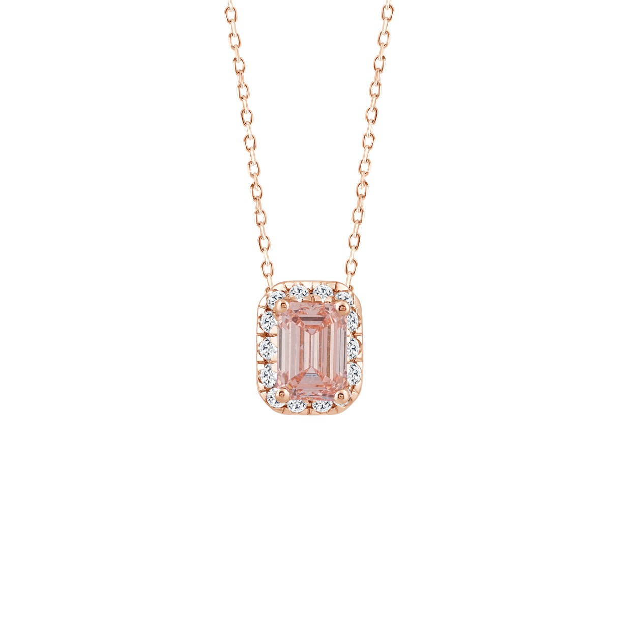 LADIES PENDANT 1 1/5CT ROUND/EMERALD DIAMOND 14K ROSE GOLD WITH CHAIN (CENTER STONE EMERALD DIAMOND 1CT)