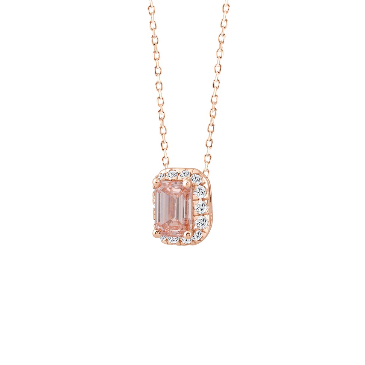 ETERNAL BLUSH COLLECTION LADIES PENDANT 1 1/5CT ROUND/EMERALD DIAMOND 14K ROSE GOLD WITH CHAIN (CENTER STONE PINK EMERALD DIAMOND 1CT)