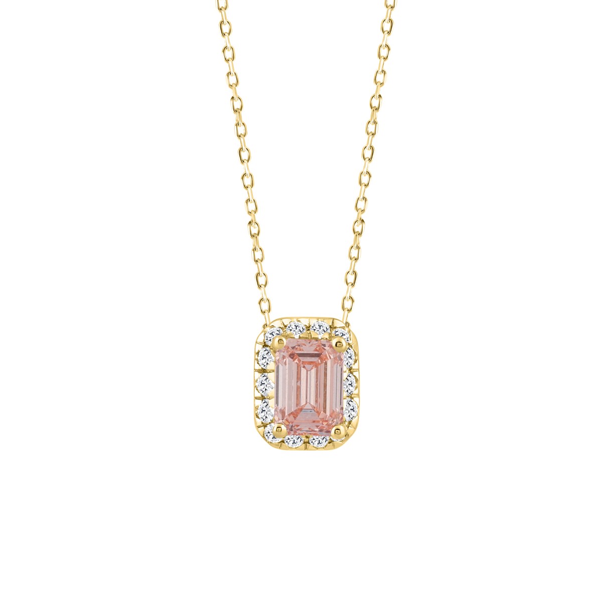 ETERNAL BLUSH COLLECTION LADIES PENDANT 1 1/5CT ROUND/EMERALD DIAMOND 14K YELLOW GOLD WITH CHAIN (CENTER STONE PINK EMERALD DIAMOND 1CT)