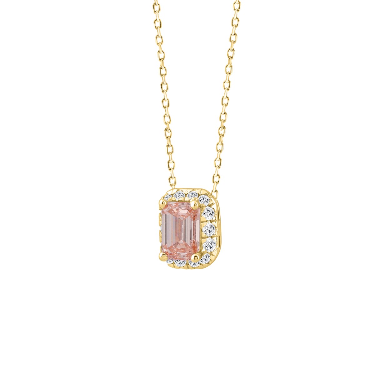 ETERNAL BLUSH COLLECTION LADIES PENDANT 1 1/5CT ROUND/EMERALD DIAMOND 14K YELLOW GOLD WITH CHAIN (CENTER STONE PINK EMERALD DIAMOND 1CT)