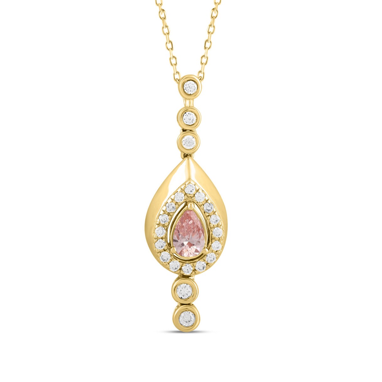 ETERNAL BLUSH COLLECTION LADIES PENDANT 3/4CT ROUND/PEAR DIAMOND 14K YELLOW GOLD WITH CHAIN (CENTER STONE PINK PEAR DIAMOND 1/2CT)