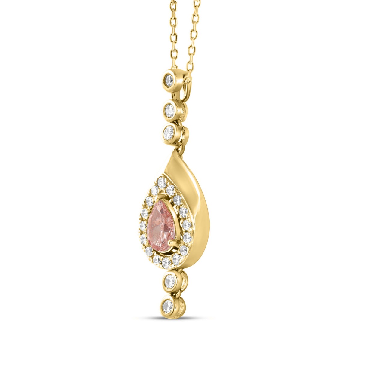 ETERNAL BLUSH COLLECTION LADIES PENDANT 3/4CT ROUND/PEAR DIAMOND 14K YELLOW GOLD WITH CHAIN (CENTER STONE PINK PEAR DIAMOND 1/2CT)