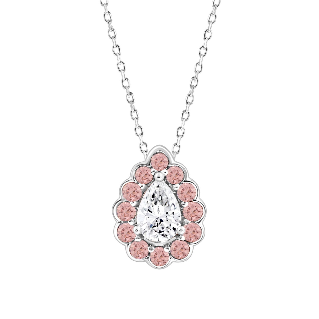 ETERNAL BLUSH COLLECTION LADIES PENDANT 1 1/4CT PINK ROUND DIAMOND/PEAR DIAMOND 14K WHITE GOLD WITH CHAIN (CENTER STONE PEAR DIAMOND 3/4CT)