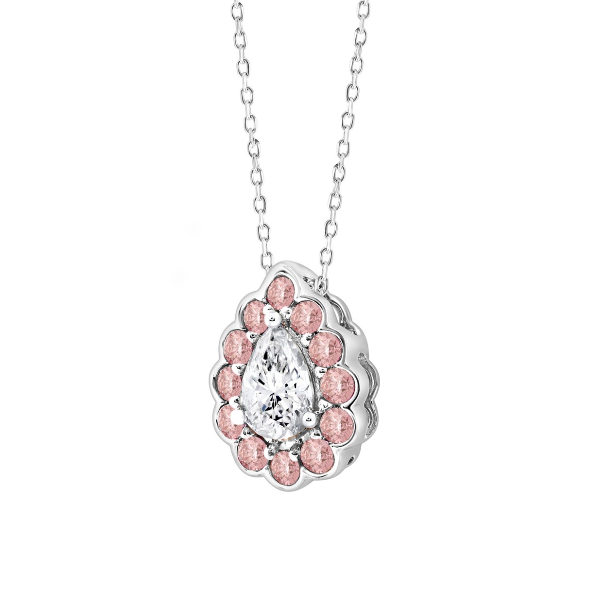 ETERNAL BLUSH COLLECTION LADIES PENDANT 1 1/4CT PINK ROUND DIAMOND/PEAR DIAMOND 14K WHITE GOLD WITH CHAIN (CENTER STONE PEAR DIAMOND 3/4CT)