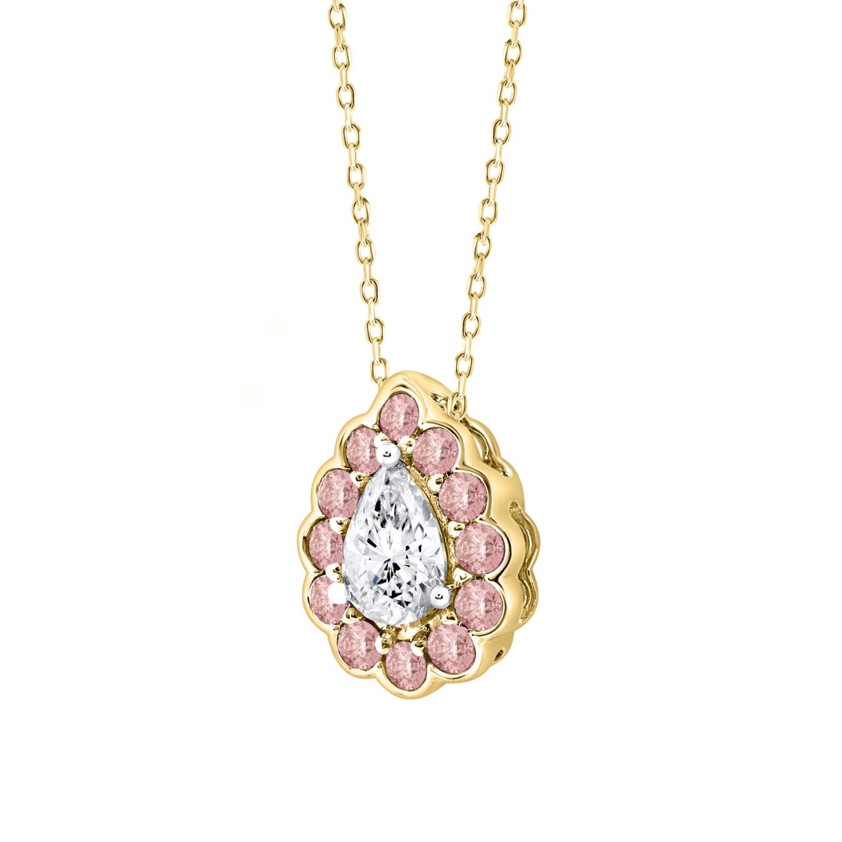 ETERNAL BLUSH COLLECTION LADIES PENDANT 1 1/4CT ROUND/PINK PEAR DIAMOND 14K YELLOW GOLD WITH CHAIN (CENTER STONE PEAR DIAMOND 3/4CT)