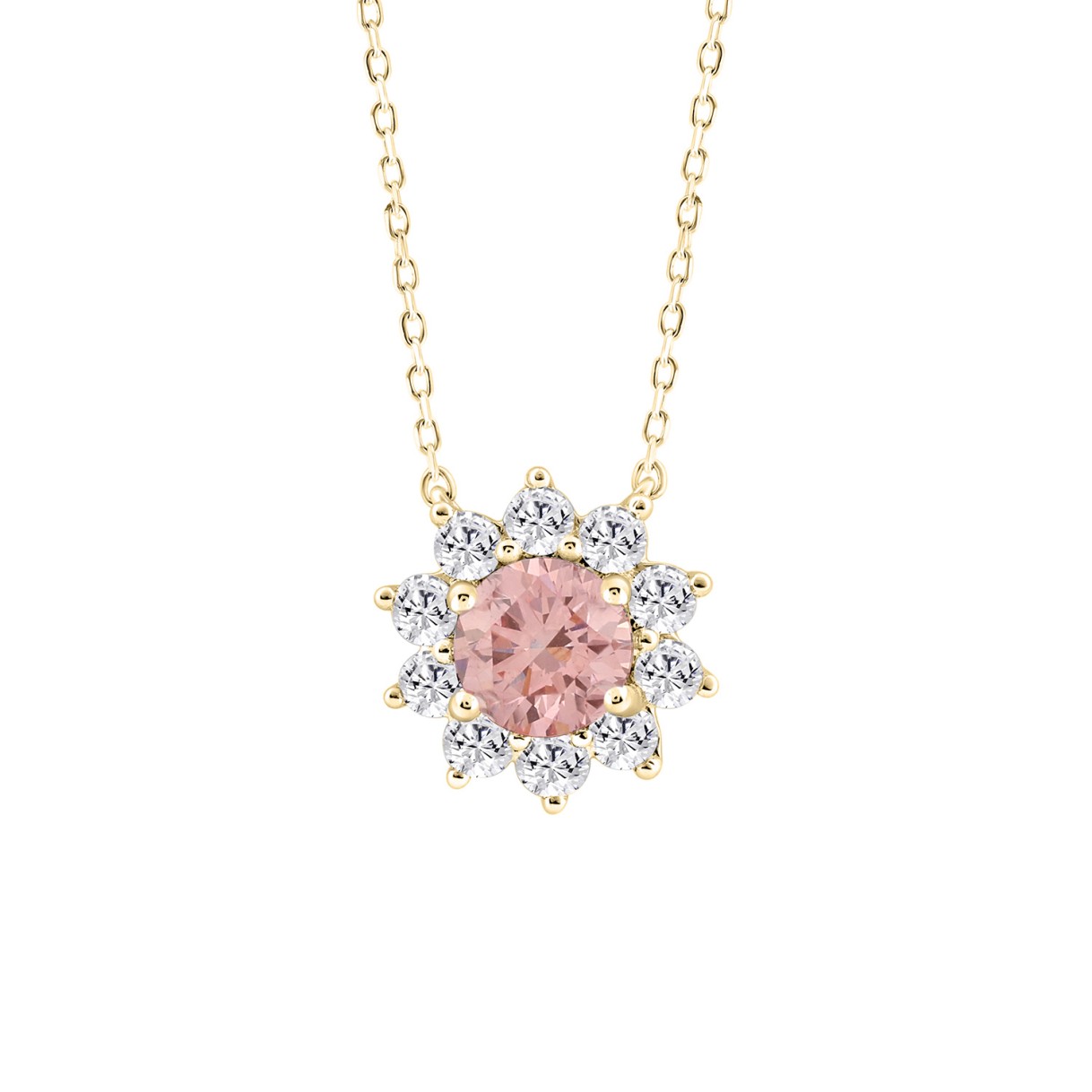 ETERNAL BLUSH COLLECTION LADIES NECKLACE 1 1/4CT ROUND DIAMOND 14K YELLOW GOLD WITH CHAIN (CENTER STONE PINK ROUND DIAMOND 3/4CT)