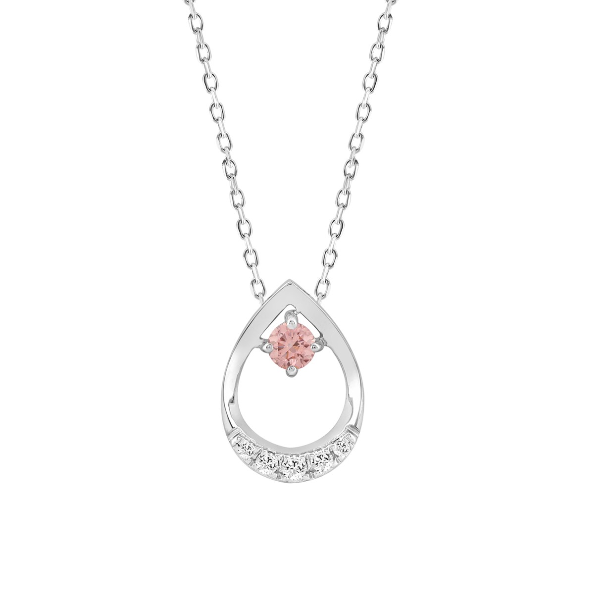 ETERNAL BLUSH COLLECTION LADIES NECKLACE 1/4CT ROUND DIAMOND 14K WHITE GOLD WITH CHAIN (CENTER STONE PINK ROUND DIAMOND 1/6CT)