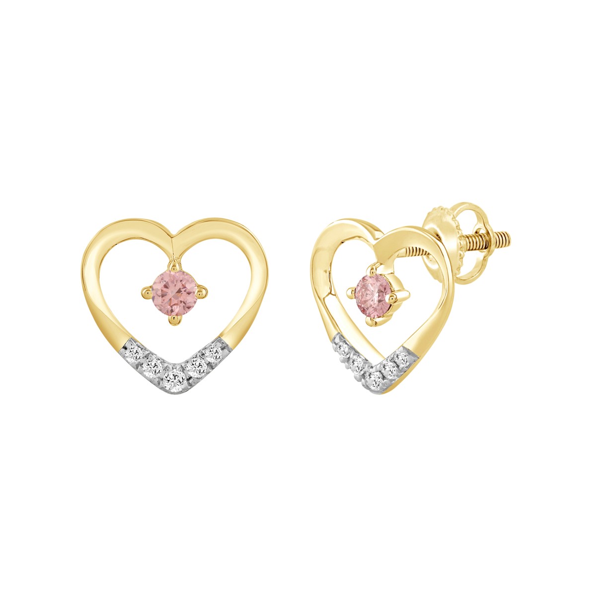 ETERNAL BLUSH COLLECTION LADIES EARRINGS 1/3CT ROUND DIAMOND 14K YELLOW GOLD (CENTER STONE PINK ROUND DIAMOND 1/6CT)