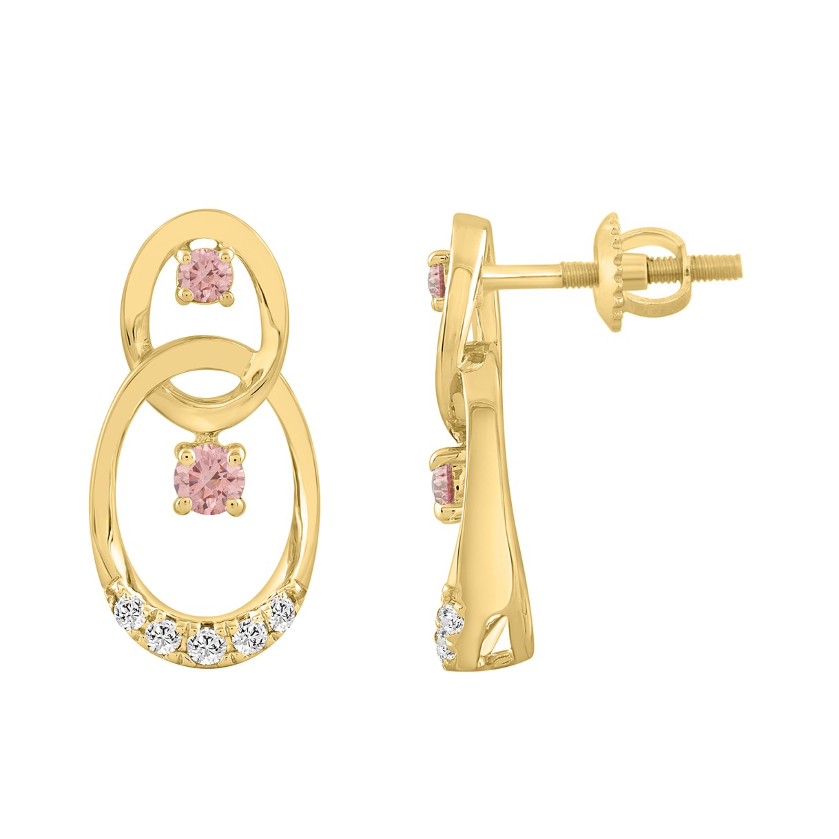 ETERNAL BLUSH COLLECTION LADIES EARRINGS 1/2CT ROUND DIAMOND 14K YELLOW GOLD (CENTER STONE PINK ROUND DIAMOND 1/3CT)