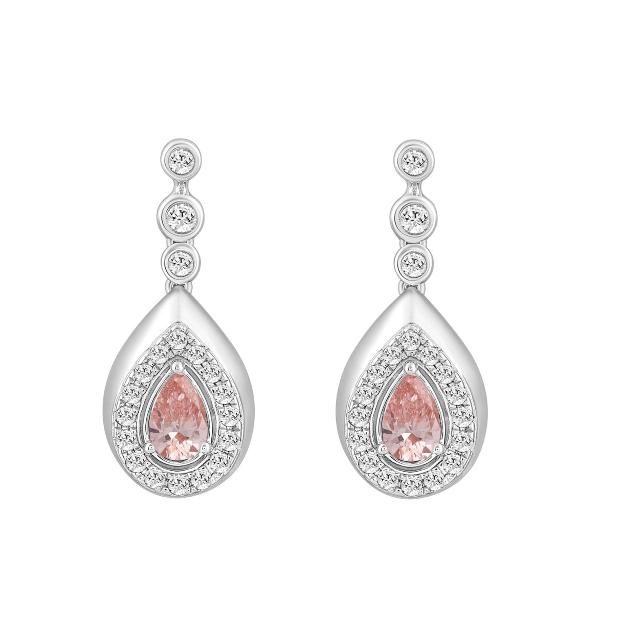 ETERNAL BLUSH COLLECTION LADIES EARRINGS 1 1/2CT ROUND/PEAR DIAMOND 14K WHITE GOLD (CENTER STONE PINK PEAR DIAMOND 1CT)