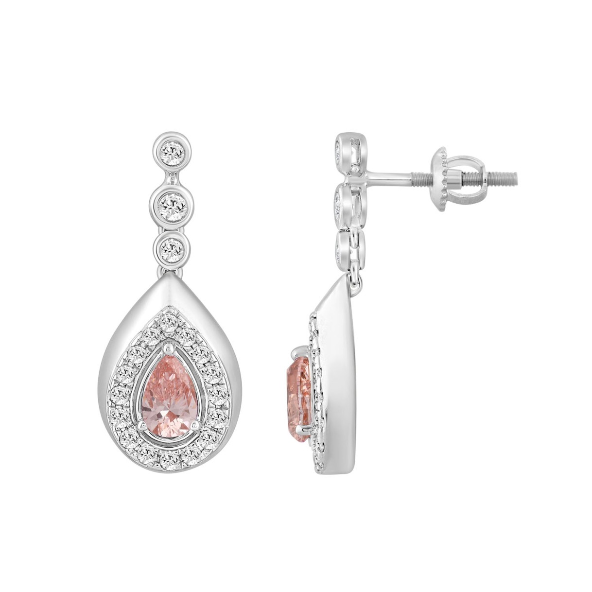 ETERNAL BLUSH COLLECTION LADIES EARRINGS 1 1/2CT ROUND/PEAR DIAMOND 14K WHITE GOLD (CENTER STONE PINK PEAR DIAMOND 1CT)