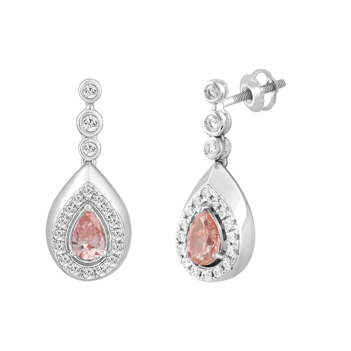 ETERNAL BLUSH COLLECTION LADIES EARRINGS 1 1/2CT ROUND/PEAR DIAMOND 14K WHITE GOLD (CENTER STONE PINK PEAR DIAMOND 1CT)