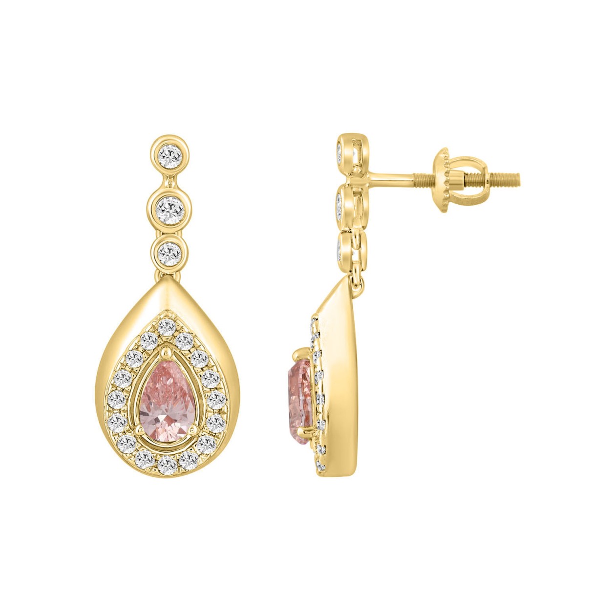 ETERNAL BLUSH COLLECTION LADIES EARRINGS 1 1/2CT ROUND/PEAR DIAMOND 14K YELLOW GOLD (CENTER STONE PINK PEAR DIAMOND 1CT)