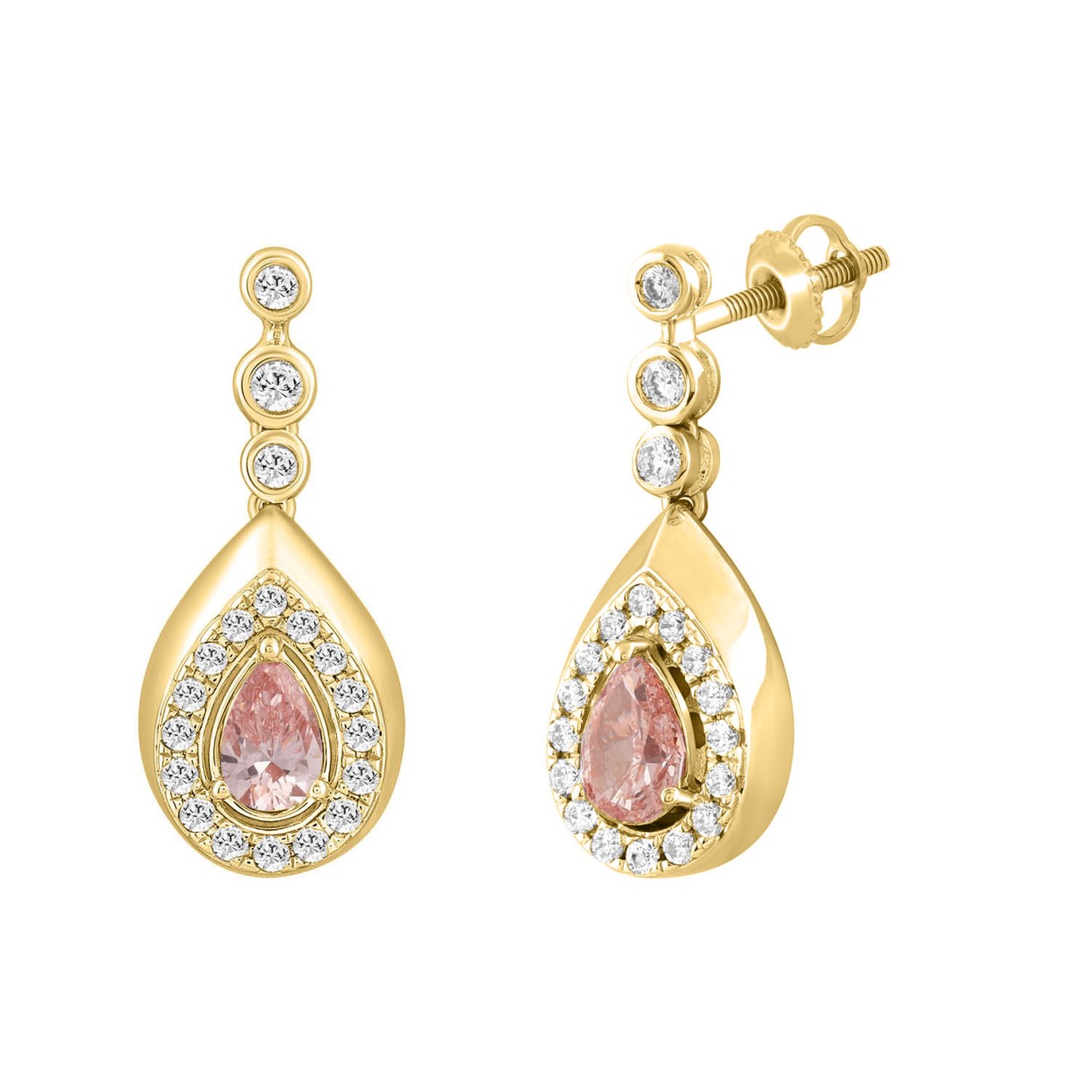 ETERNAL BLUSH COLLECTION LADIES EARRINGS 1 1/2CT ROUND/PEAR DIAMOND 14K YELLOW GOLD (CENTER STONE PINK PEAR DIAMOND 1CT)