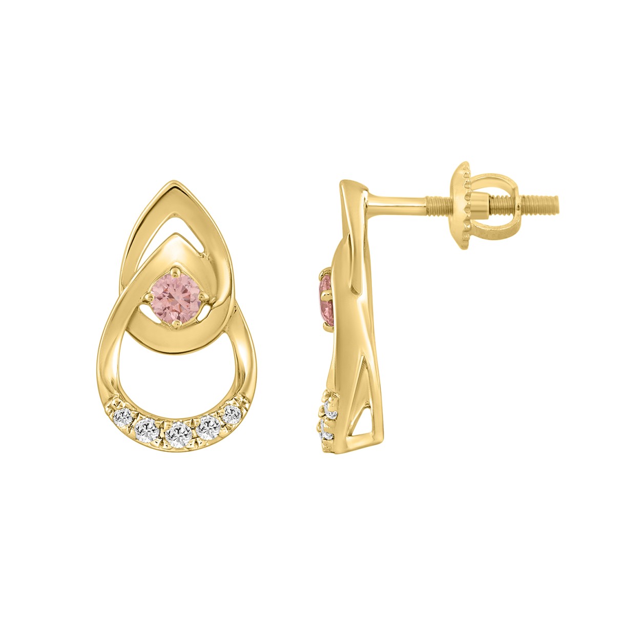 ETERNAL BLUSH COLLECTION LADIES EARRINGS 1/3CT ROUND DIAMOND 14K YELLOW GOLD (CENTER STONE PINK ROUND DIAMOND 1/5CT)