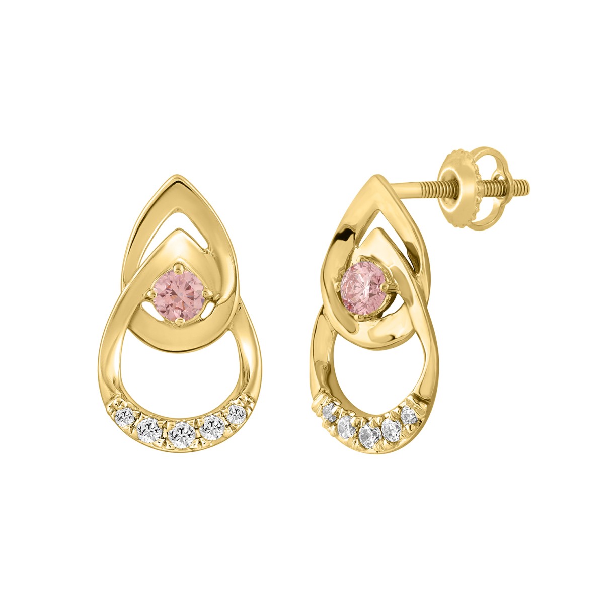 ETERNAL BLUSH COLLECTION LADIES EARRINGS 1/3CT ROUND DIAMOND 14K YELLOW GOLD (CENTER STONE PINK ROUND DIAMOND 1/5CT)
