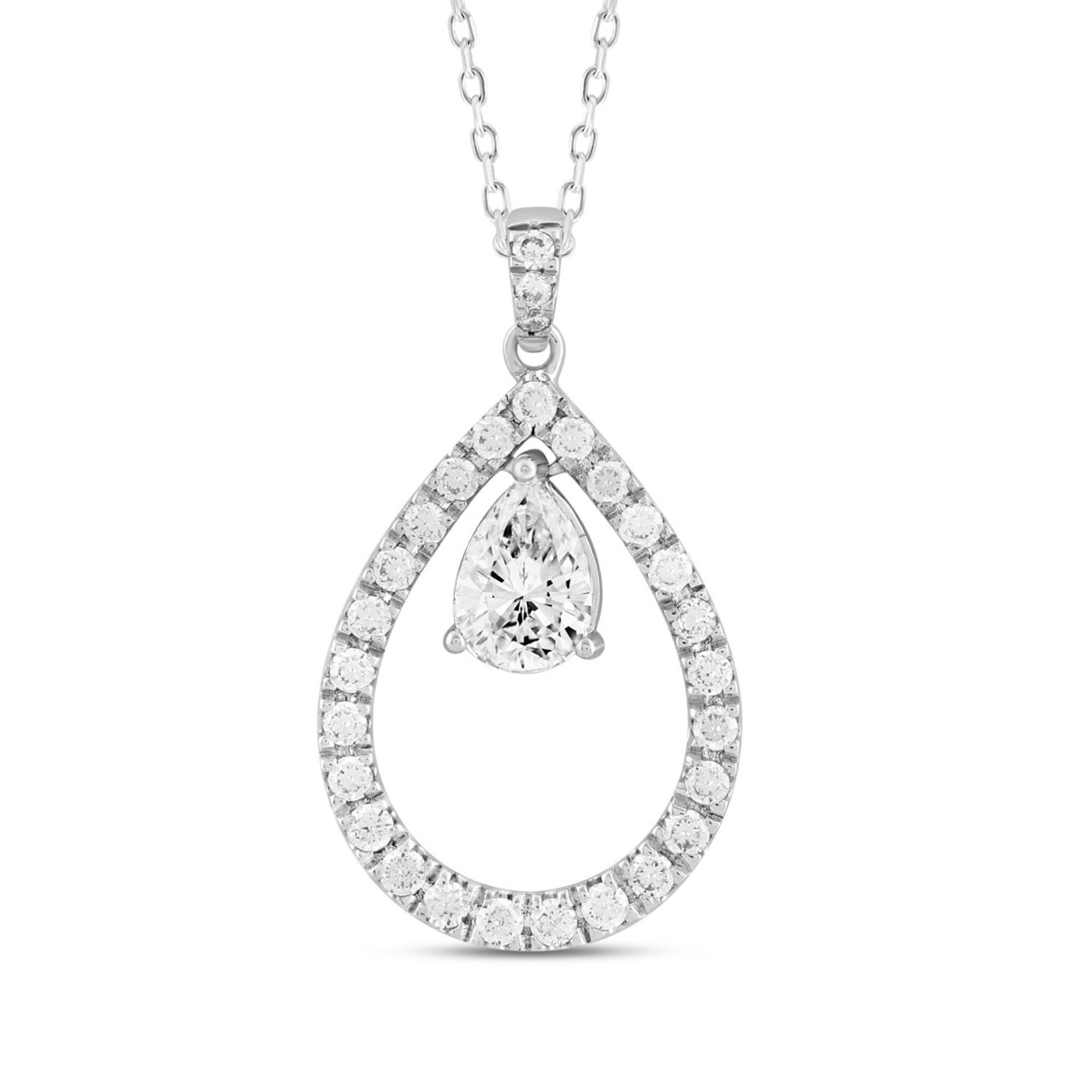 14K WHITE GOLD 1.00CT ROUND/PEAR DIAMOND LADIES PENDANT WITH CHAIN