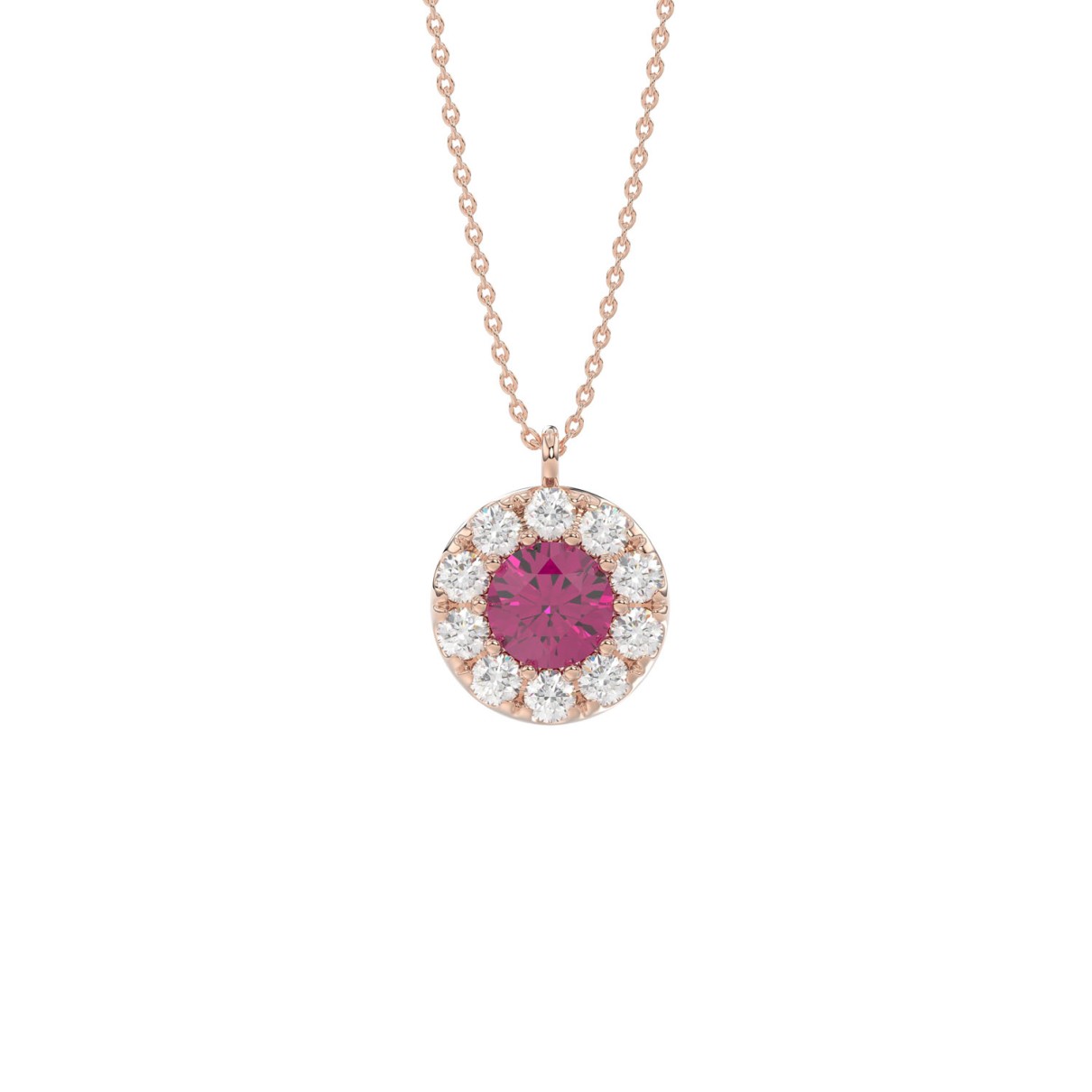 LADIES PENDANT 1/4CT ROUND/RUBY DIAMOND 14K ROSE GOLD (CENTER STONE ROUND DIAMOND 5/8CT )