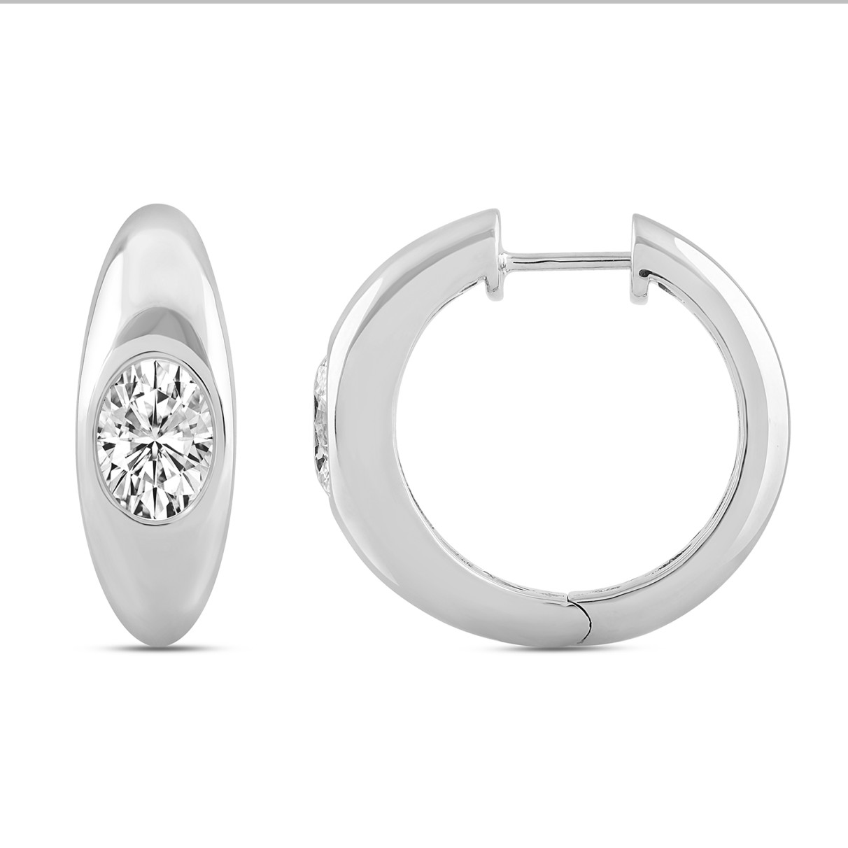 LADIES HOOP EARRINGS  2CT OVAL DIAMOND 14K WHITE GOLD