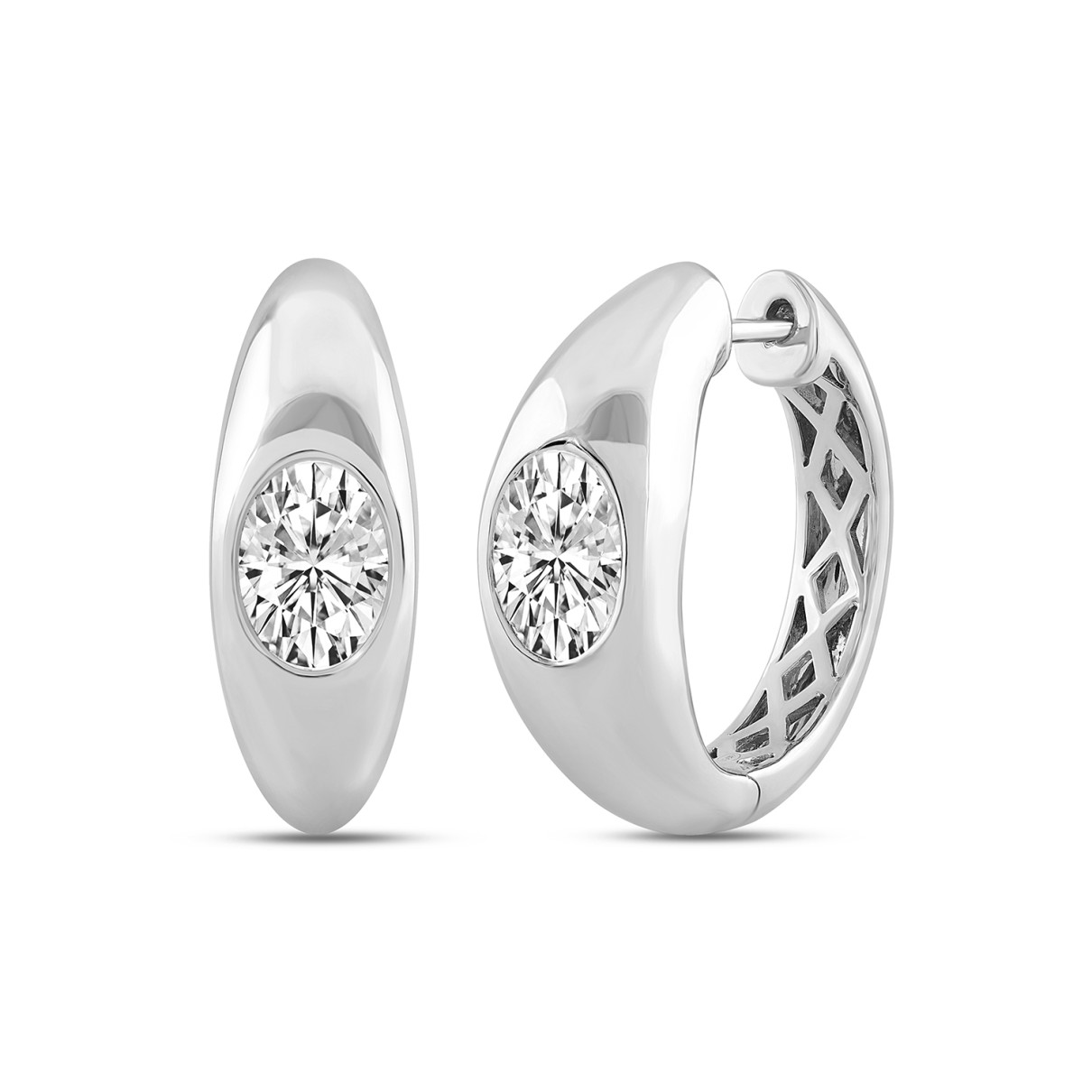 LADIES HOOP EARRINGS  2CT OVAL DIAMOND 14K WHITE GOLD