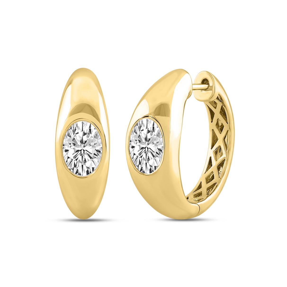 LADIES HOOP EARRINGS  2CT OVAL DIAMOND 14K YELLOW GOLD