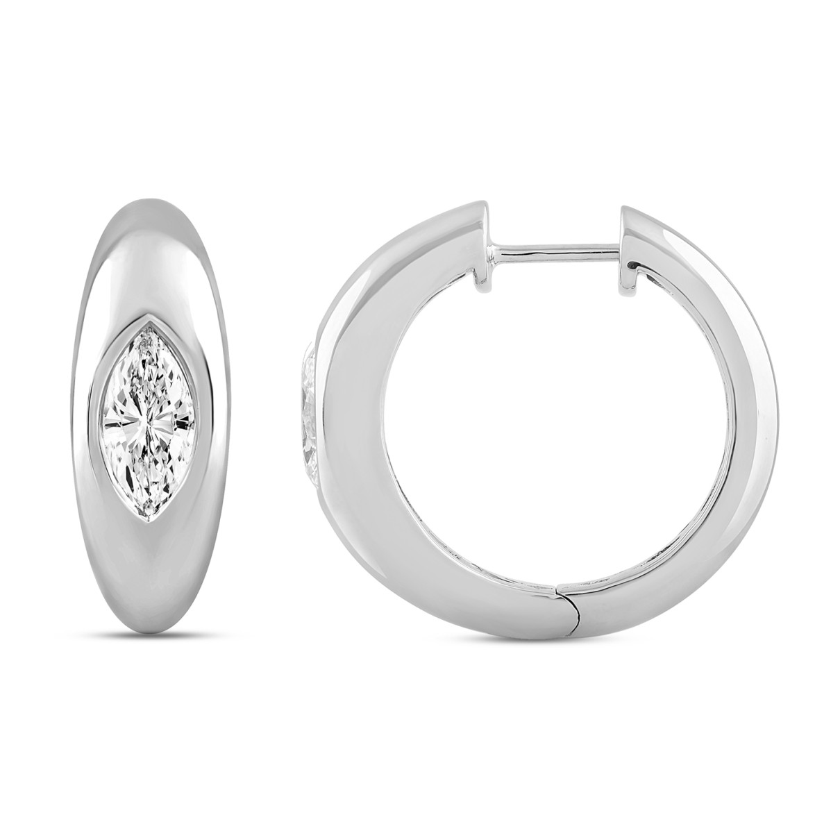 LADIES HOOP EARRINGS 2CT MARQUISE DIAMOND 14K WHITE GOLD