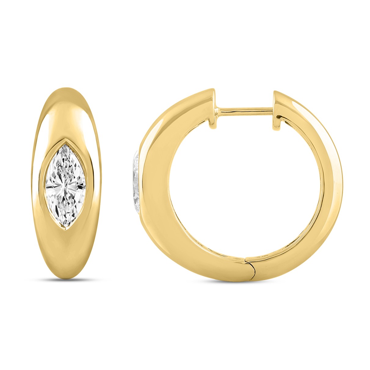 LADIES HOOP EARRINGS 2CT MARQUISE DIAMOND 14K YELLOW GOLD