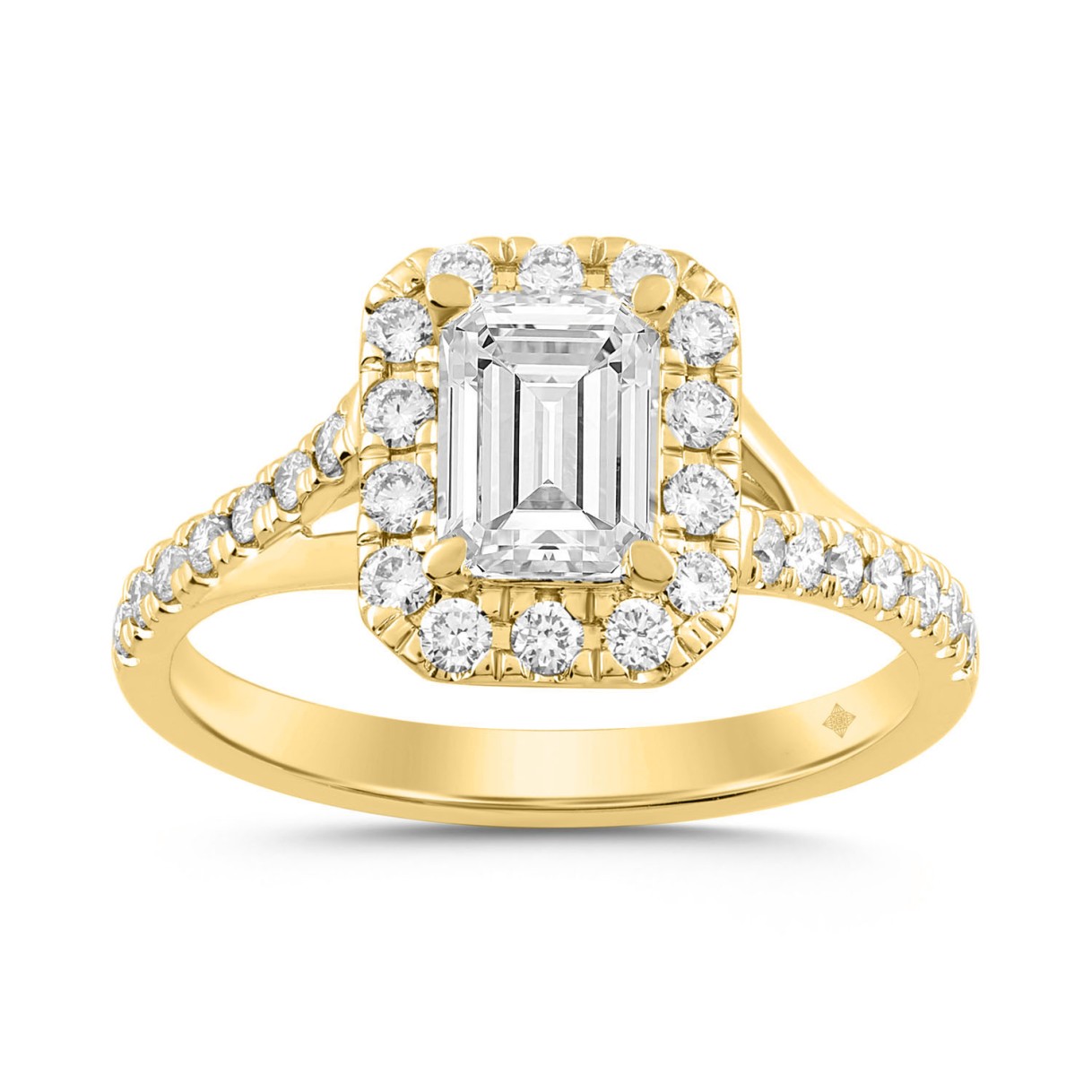 LADIES RING 1 1/2CT ROUND/EMERALD DIAMOND 18K YELLOW GOLD (CENTER STONE EMERALD DIAMOND 1CT)