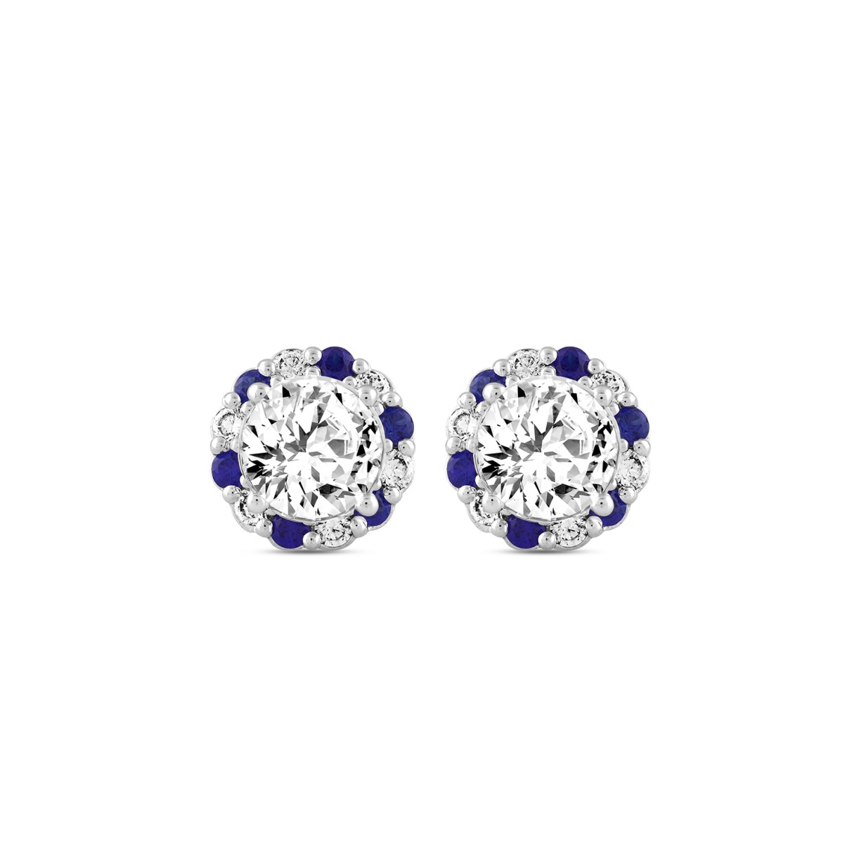 14K WHITE GOLD 2 5/8CT ROUND/ ROUND BLUE SAPPHIRE DIAMOND LADIES EARRING (CENTER STONE ROUND DIAMOND 2CT)