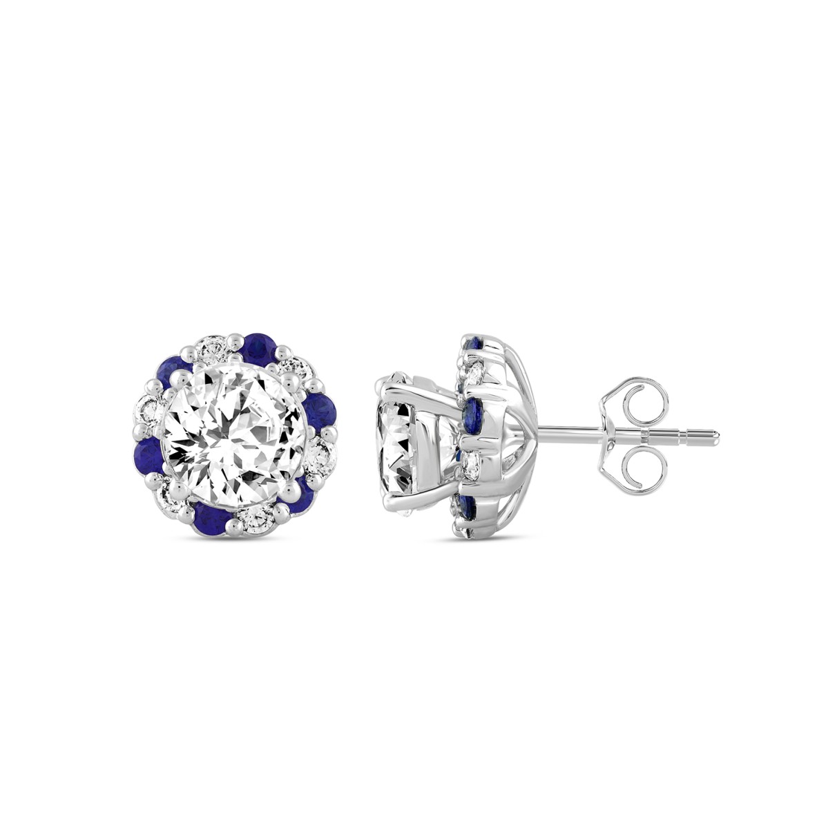 14K WHITE GOLD 2 5/8CT ROUND/ ROUND BLUE SAPPHIRE DIAMOND LADIES EARRING (CENTER STONE ROUND DIAMOND 2CT)