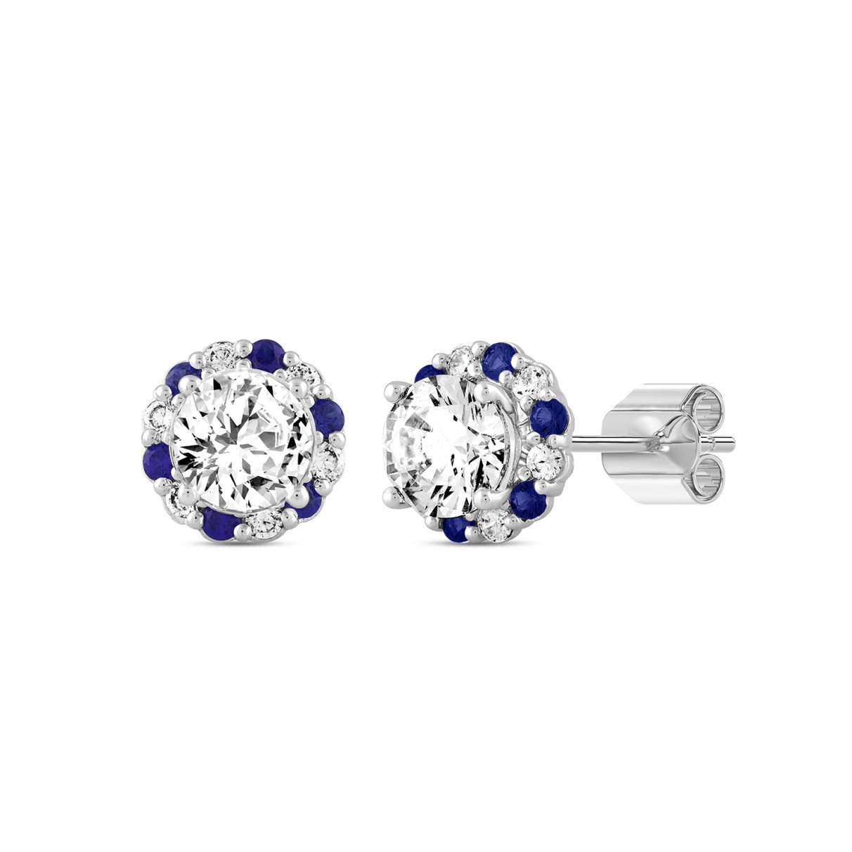 14K WHITE GOLD 2 5/8CT ROUND/ ROUND BLUE SAPPHIRE DIAMOND LADIES EARRING (CENTER STONE ROUND DIAMOND 2CT)