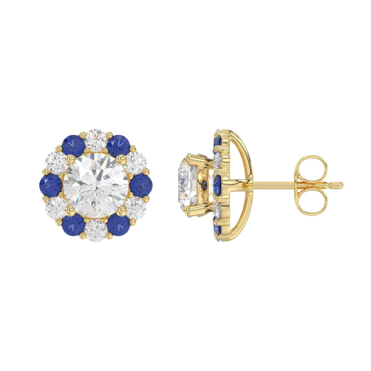 14K YELLOW GOLD 2 5/8CT ROUND/ ROUND BLUE SAPPHIRE DIAMOND LADIES EARRING (CENTER STONE ROUND DIAMOND 2CT)