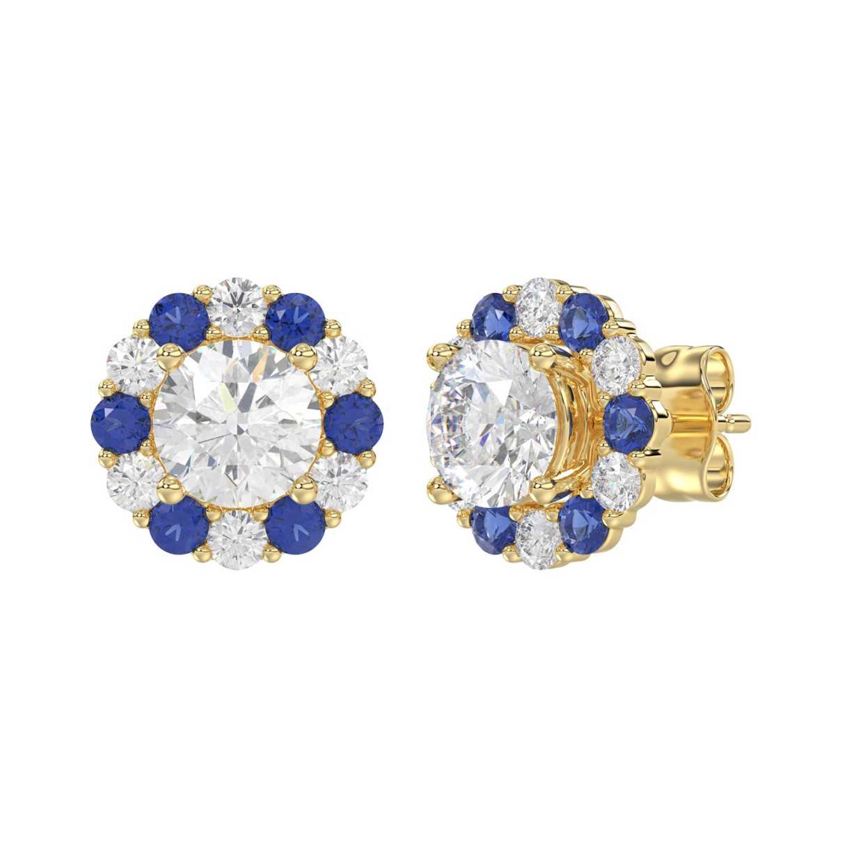 14K YELLOW GOLD 2 5/8CT ROUND/ ROUND BLUE SAPPHIRE DIAMOND LADIES EARRING (CENTER STONE ROUND DIAMOND 2CT)