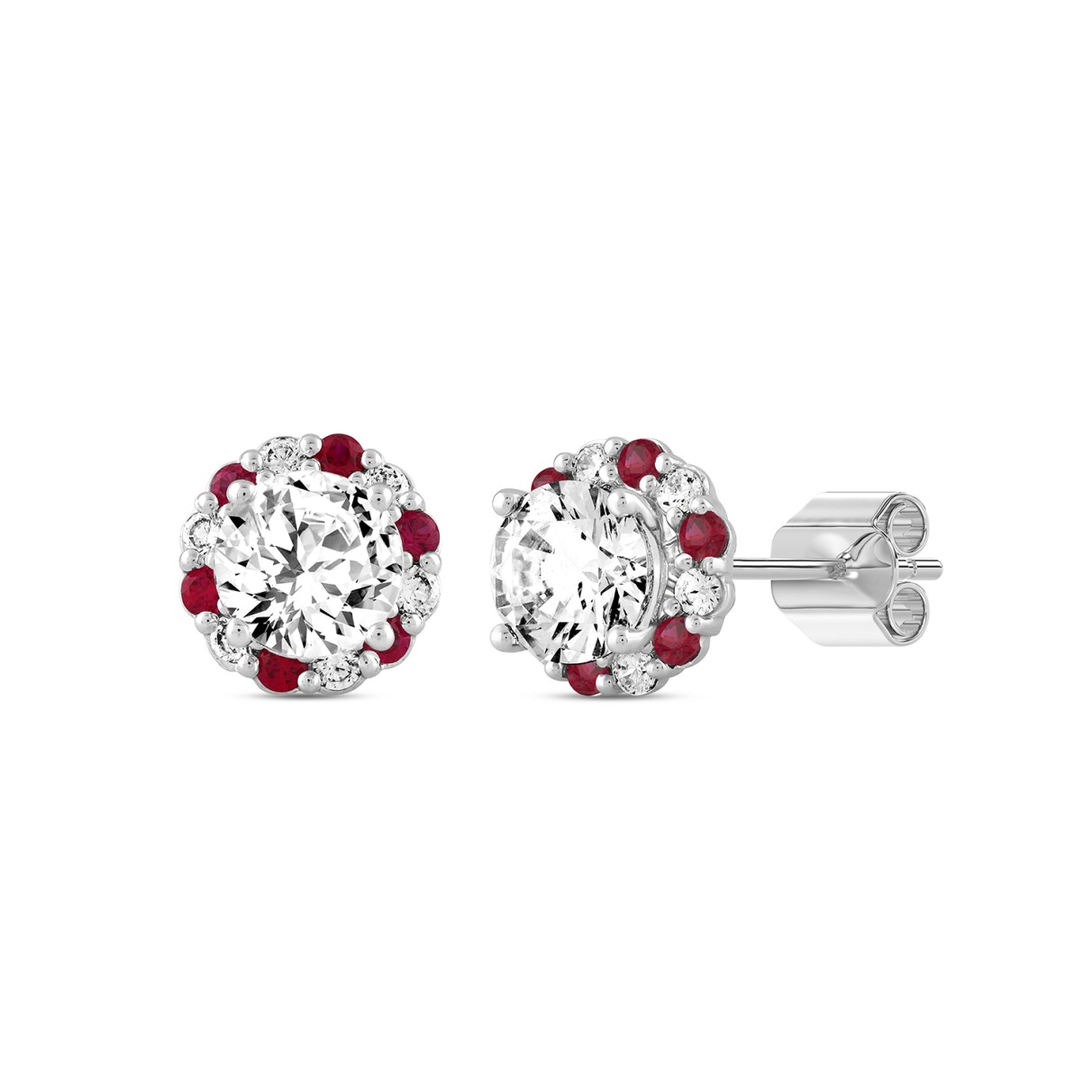 14K WHITE GOLD 2 1/2CT ROUND/RUBY DIAMOND LADIES EARRINGS (CENTER STONE ROUND DIAMOND 2CT)