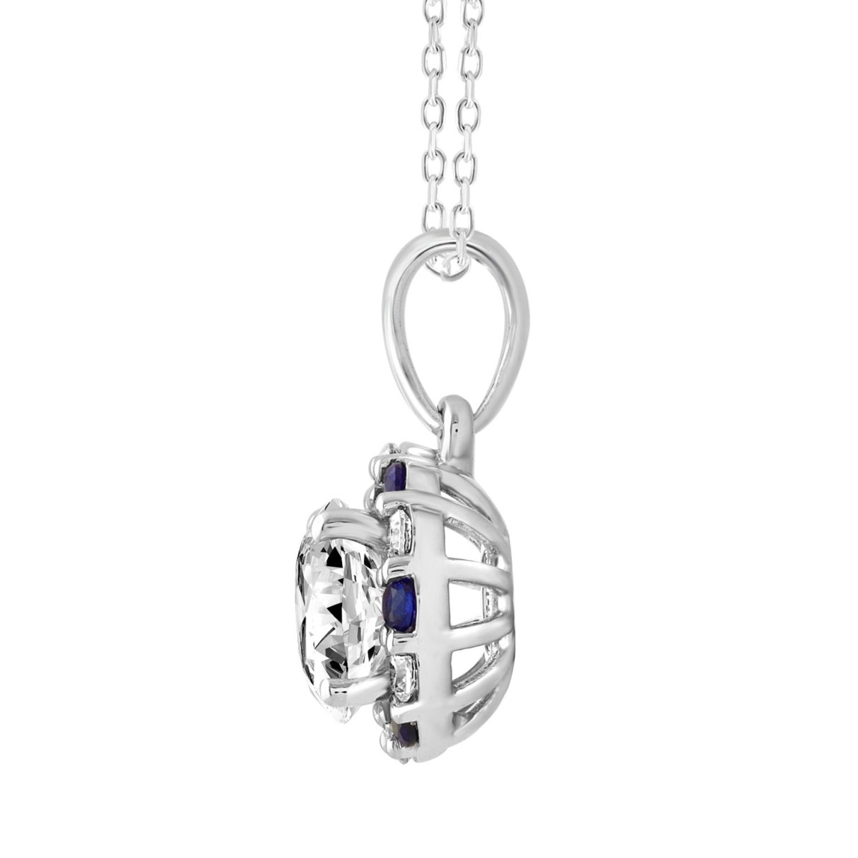 14K WHITE GOLD 1 1/4CT ROUND/ ROUND BLUE SAPPHIRE DIAMOND LADIES PENDANT (CENTER STONE ROUND DIAMOND 1CT)