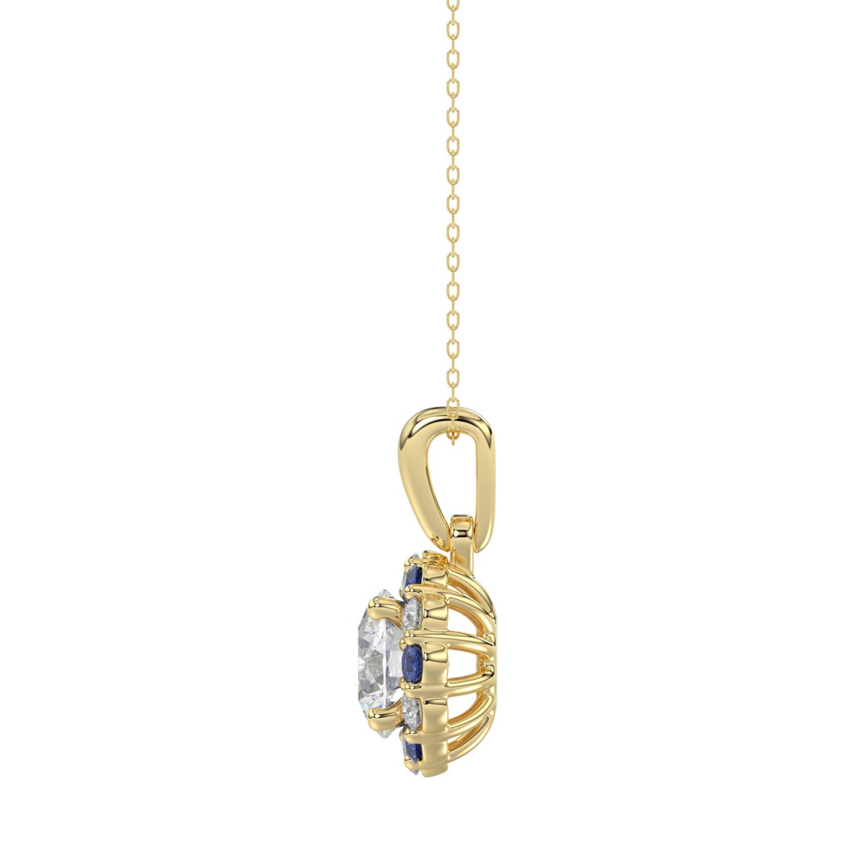 14K YELLOW GOLD 1 1/4CT ROUND/ ROUND BLUE SAPPHIRE DIAMOND LADIES PENDANT (CENTER STONE ROUND DIAMOND 1CT)
