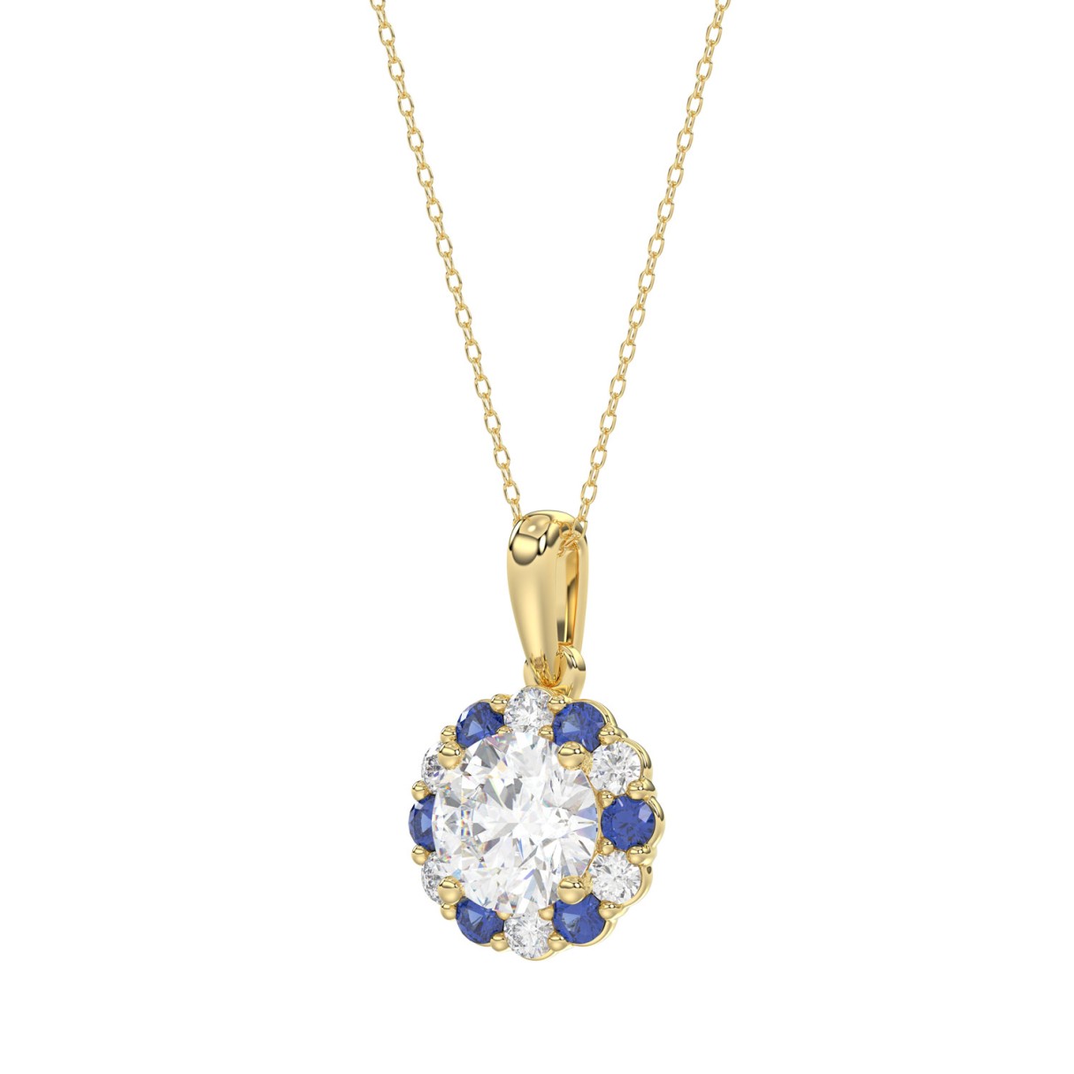14K YELLOW GOLD 1 1/4CT ROUND/ ROUND BLUE SAPPHIRE DIAMOND LADIES PENDANT (CENTER STONE ROUND DIAMOND 1CT)
