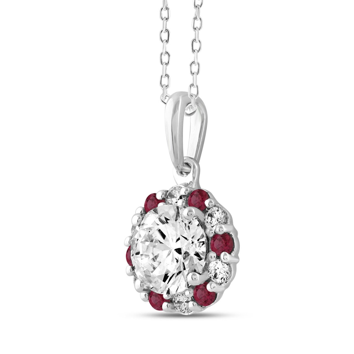 14K WHITE GOLD 1 1/3CT ROUND RUBY DIAMOND LADIES PENDANT WITH CHAIN (CENTER STONE ROUND DIAMOND 1CT)