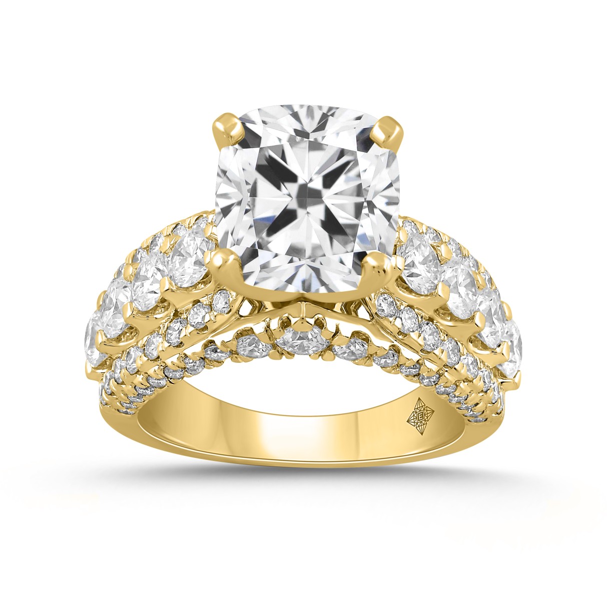 LADIES RING 7 1/4CT ROUND CUSHION DIAMOND 14K YELLOW GOLD (CENTER STONE CUSHION DIAMOND 5CT )