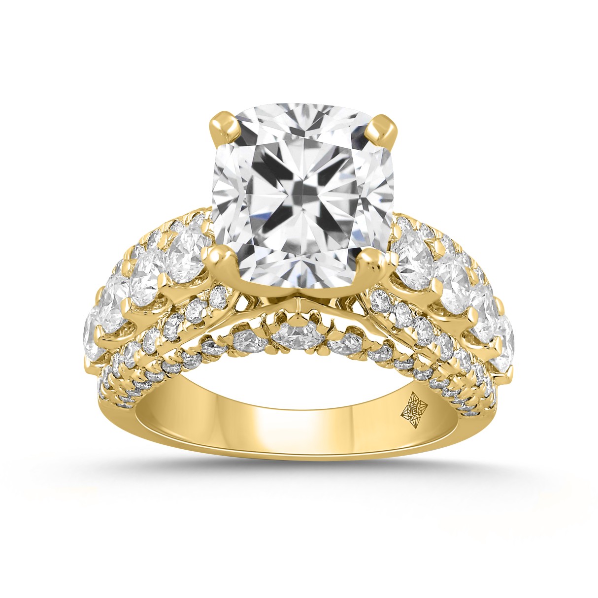 LADIES RING 7 1/4CT ROUND CUSHION DIAMOND 14K YELLOW GOLD (CENTER STONE CUSHION DIAMOND 5CT )