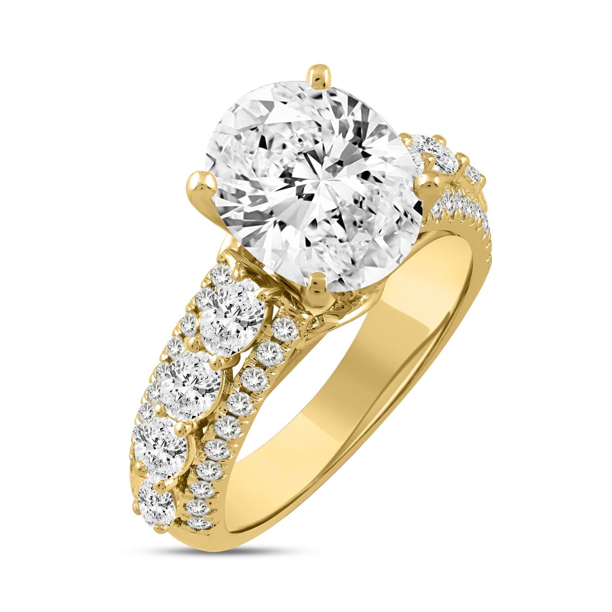 LADIES RING 4 1/4CT ROUND/OVAL DIAMOND 14K YELLOW GOLD (CENTER STONE OVAL DIAMOND 3CT )